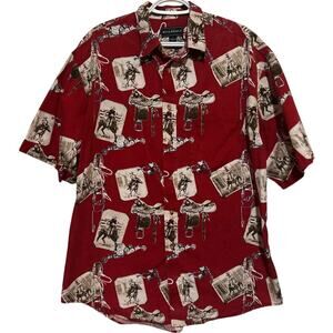 Bit & Bridle Red Cream Short Sleeve Cowboy Spurs Saddle Button Down Shirt Size L